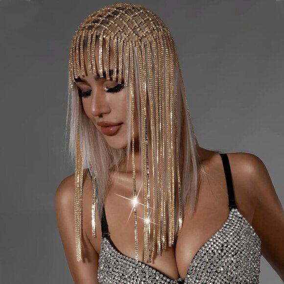 Long Rhinestone Headpiece Cap with Tassels Flapper Gatsby Hair Jewelry for Women